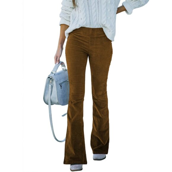 Corduroy Flare Pants Elastic Waist Bell Bottom Trousers Women's Casual